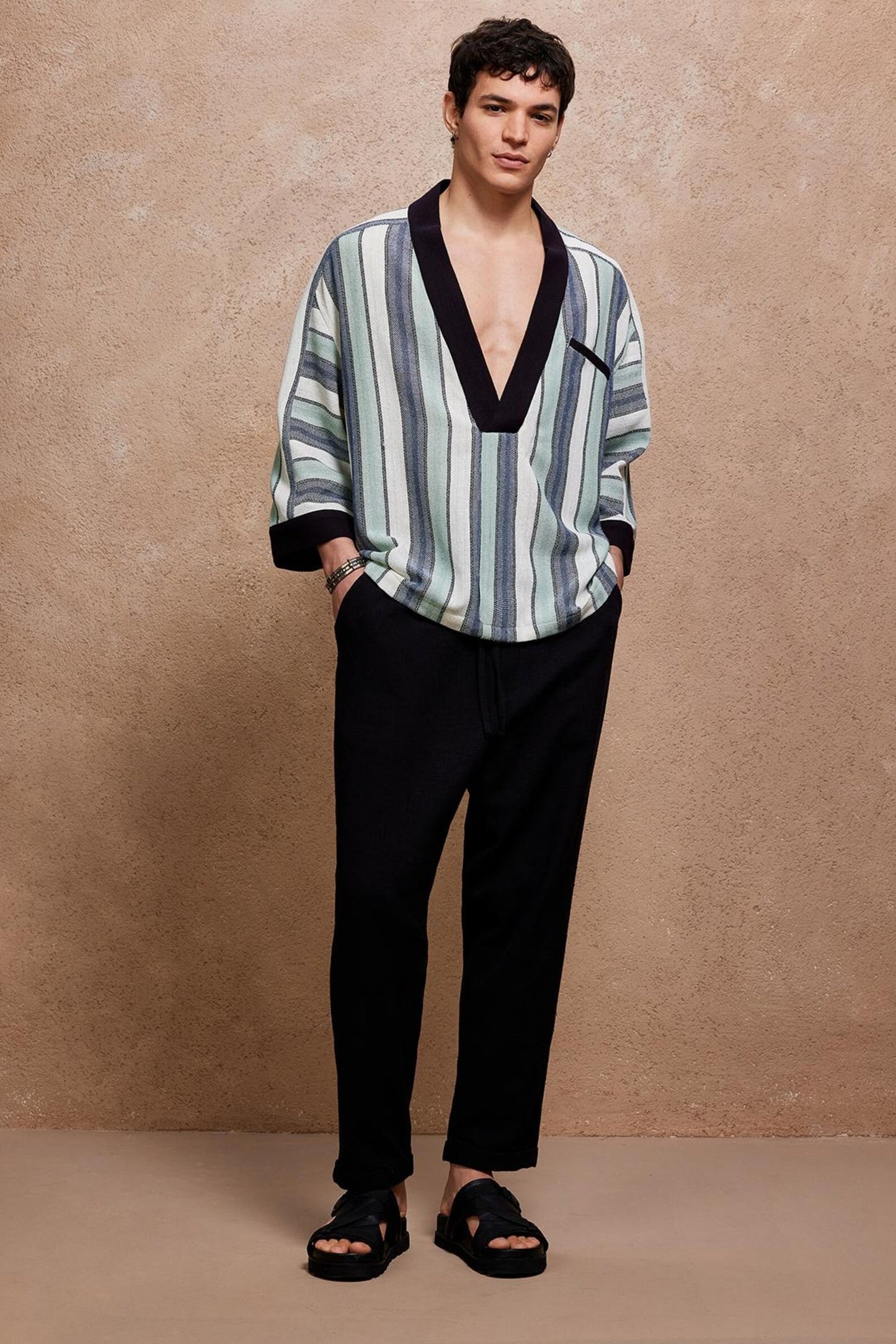Striped Deep V Neck Shirt for Men,  Retro Boho Pullover Tunic