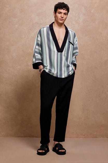 Striped Deep V Neck Shirt for Men,  Retro Boho Pullover Tunic