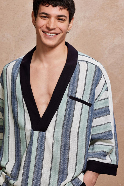 Striped Deep V Neck Shirt for Men,  Retro Boho Pullover Tunic