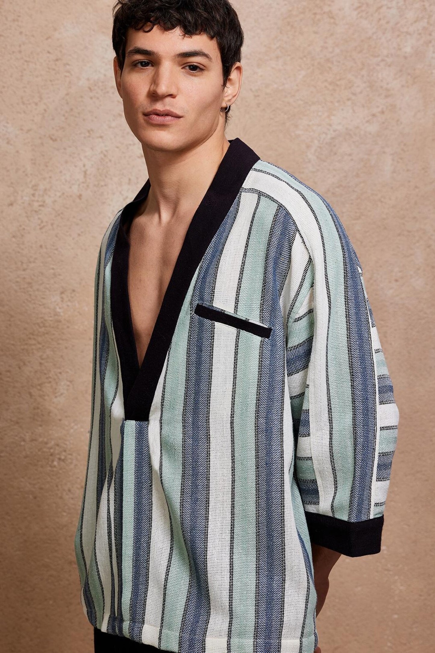 Striped Deep V Neck Shirt for Men,  Retro Boho Pullover Tunic