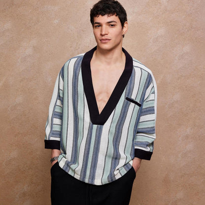 Striped Deep V Neck Shirt for Men,  Retro Boho Pullover Tunic